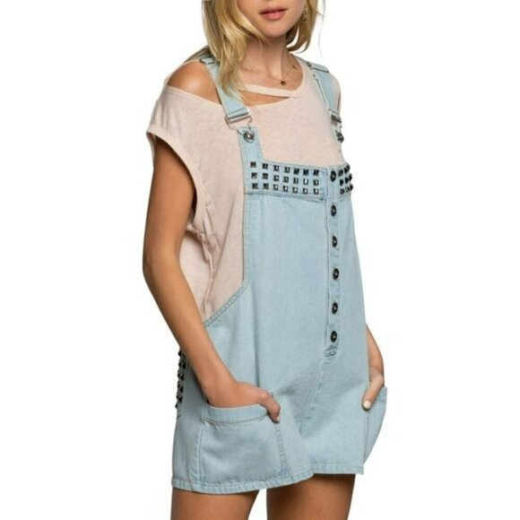 NWT POL Denim Studded Overall Side Pockets Shorts - Picture 4 of 11